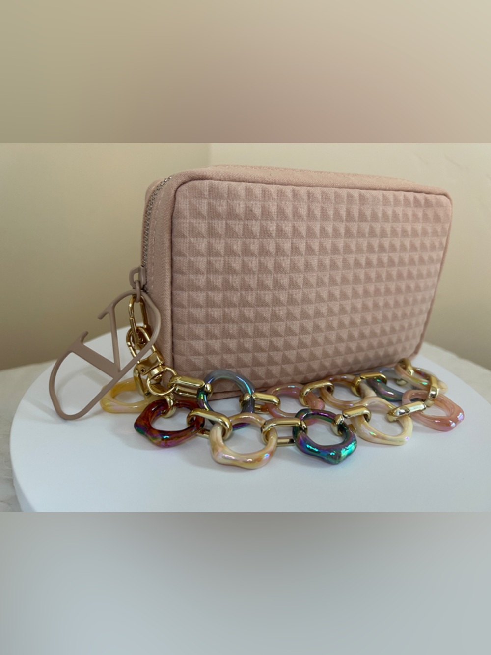 Valentino Quilted Light Pink Clutch with Iridescent Chain